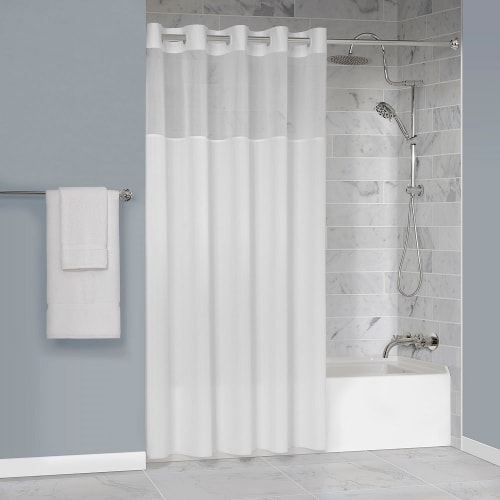 Protect360° Plain Weave Shower Curtain, Hook Free, Antimicrobial, Polyester, 71x77, White